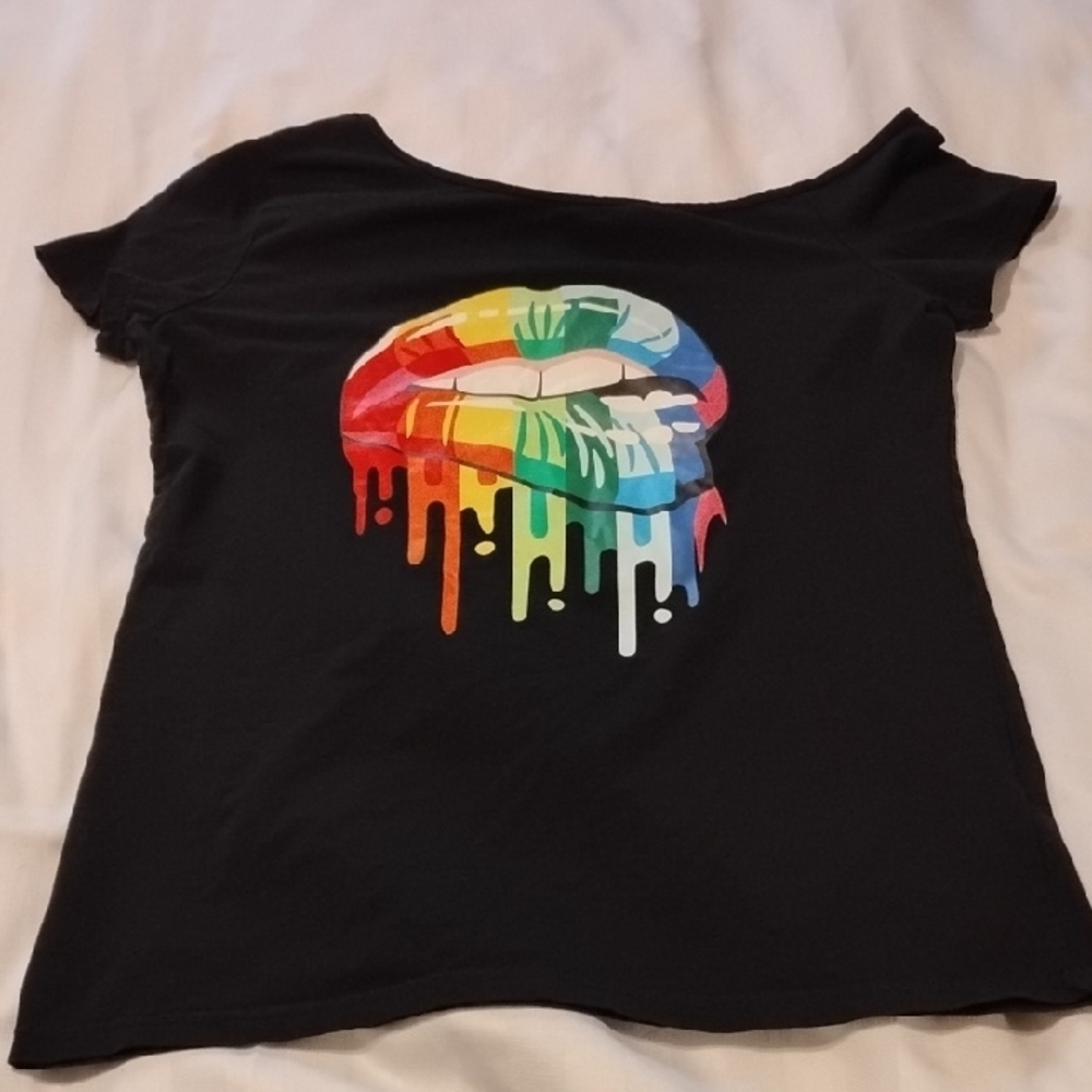 MAGICMK Woman's Lip Print Causal Off Shoulder Short Sleeve, Size: M